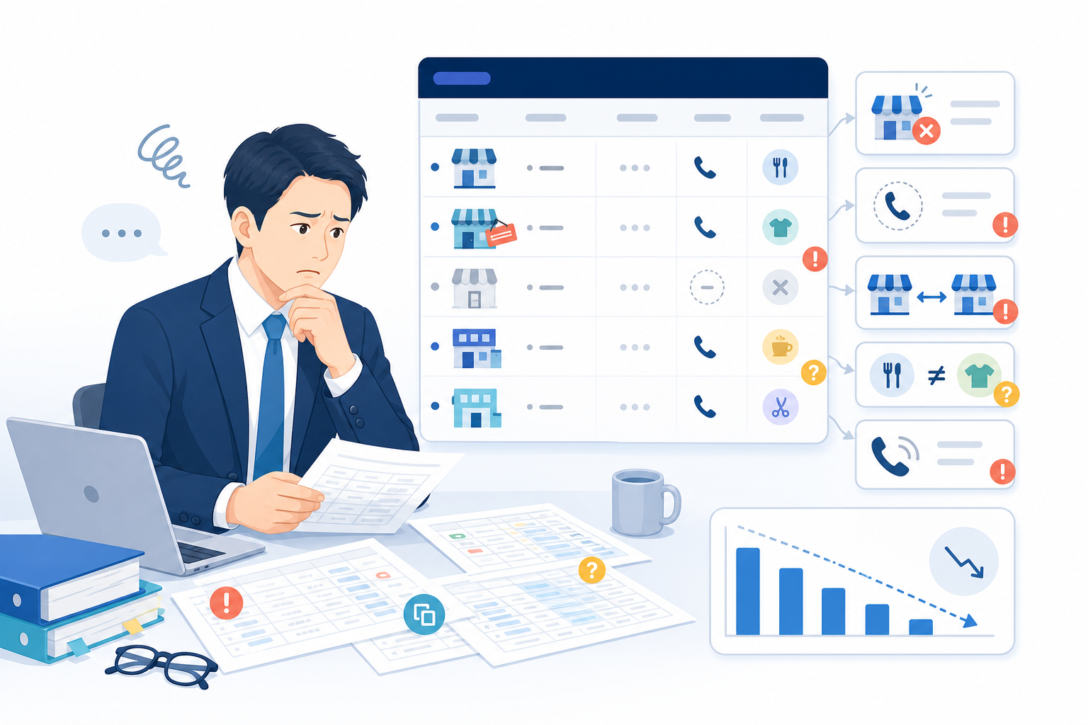 古くなった営業リストと資料を前に考え込む営業担当者のイラスト。リストには閉店・電話不通・業種の不一致などの印が付いている